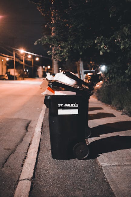 A black wheeled waste bin marked with 'St. John's' on the side, positioned on a sidewalk next to a curb on a quiet street at night. The lid is open, revealing scattered paper and packaging waste inside the bin. The scene is illuminated by streetlights, casting shadows on the pavement and highlighting the bin's textured surface. In the background, there are trees with dark foliage, with some branches extending over the sidewalk, and a row of streetlights and residential or commercial buildings faintly visible in the distance. The environment appears calm, with no active activity or human presence, indicating a typical urban night scene suitable for independent rubbish collection or private waste disposal services such as those provided by House Clearance Knightsbridge, relevant to the context of rubbish removal and alternative waste handling options.