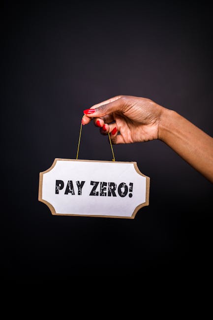 A close-up of a person's hand with neatly manicured red nails holding a small white sign with a brown border, suspended by a thin yellow string. The sign displays the bold, black text 'PAY ZERO!', set against a plain dark background. The hand is positioned slightly to the right, with the fingers gently grasping the string, and the wrist and arm extending from the right side of the image. The lighting is focused on the hand and sign, creating a clear contrast with the dark background, emphasizing the message about cost-free services, relevant in contexts of independent rubbish removal or alternative waste handling options sometimes considered in house clearance activities.